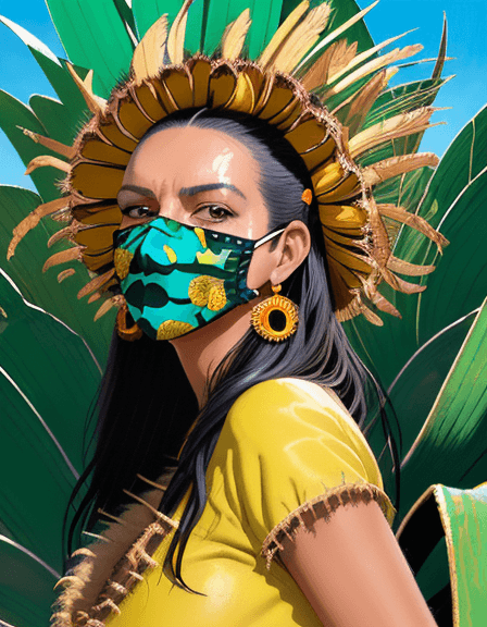 AI generated: commercial illustration of a woman (with a complete zoque face mask of a jaguar ((all over the face)...