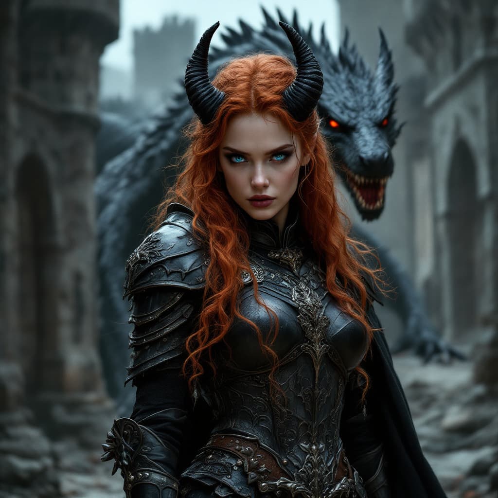 AI generated: a full body shot of a 23-year-old warrior woman with long, curly red hair and pale skin, wearing bla...