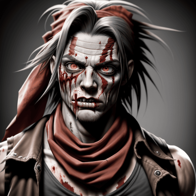 AI generated: dramatic zombie blood strong muscular long rock punk hair, photo realistic portrait, wearing red ban...