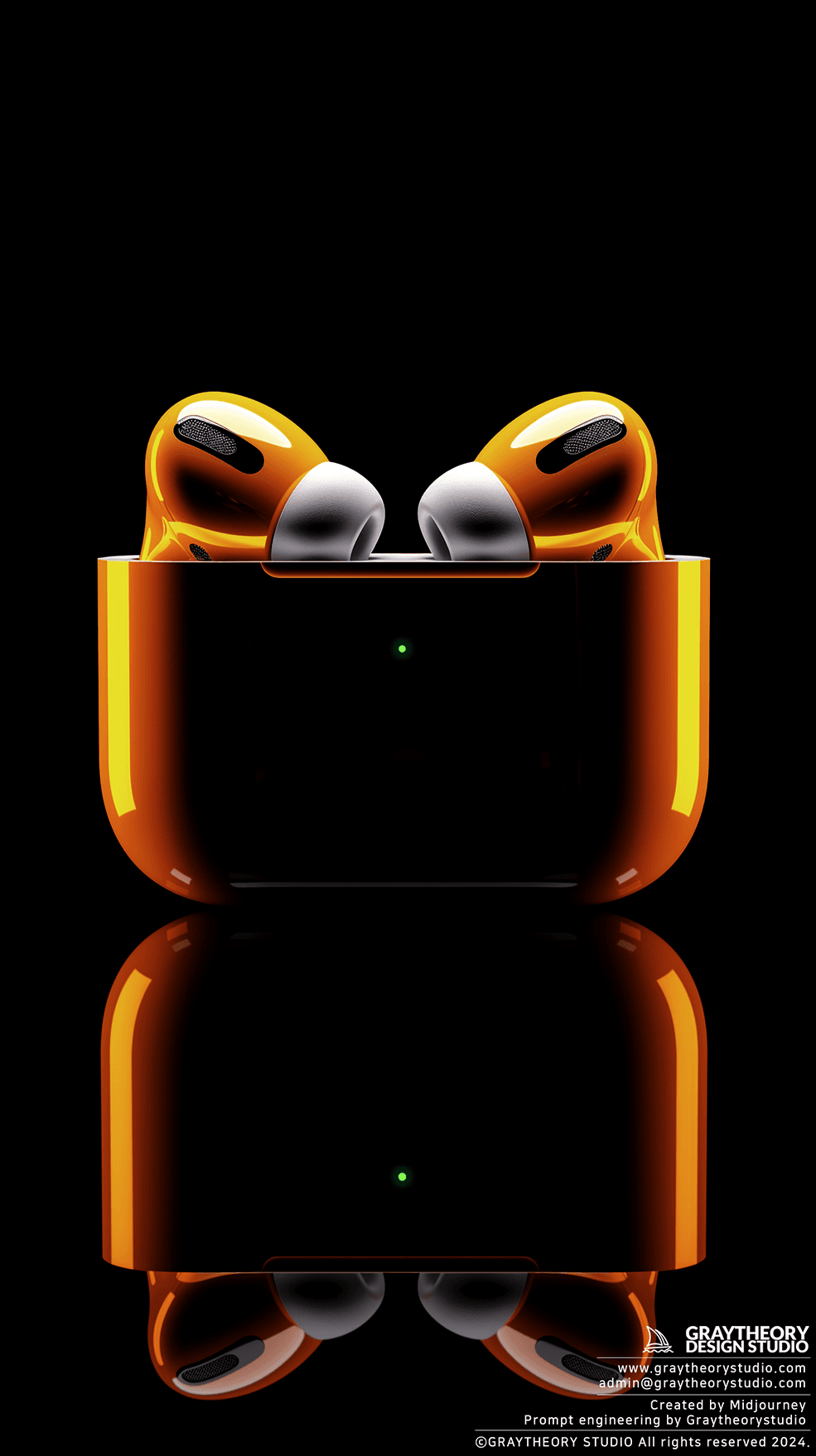 AI generated: Close-up, front shot, Apple Airpod pro, orange color, Fujifilm GFX 100S, aperture at f/8, ISO 100, s...