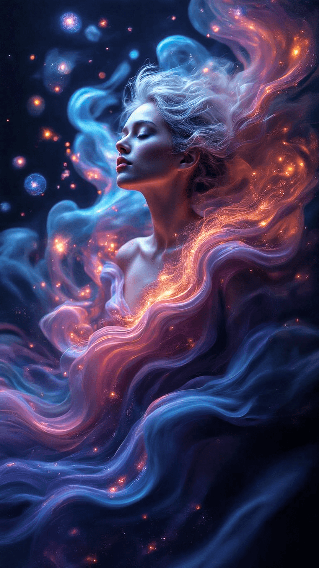 AI generated: Metamorphosis through Swirling Gases: A series of photorealistic images depicting a figure undergoin...