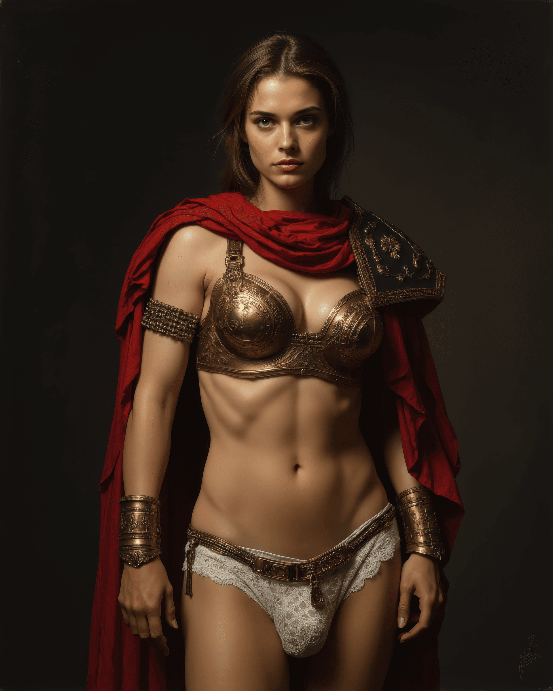 AI generated: full body photo of a tough looking beautiful woman female Roman general in a dramatic chiaroscuro st...