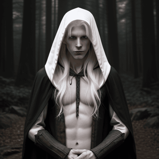 AI generated: Pale elf with white hair and a somber expression wearing a hooded dark cloak and shirt. Dark forest ...