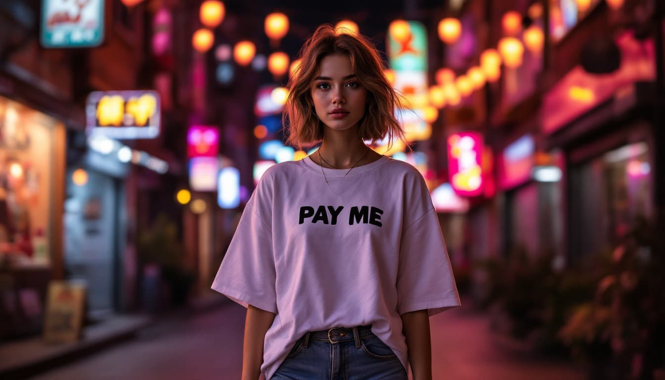 AI generated: young beautiful girl walks along the night street in the light of neon signs and lanterns in a white...
