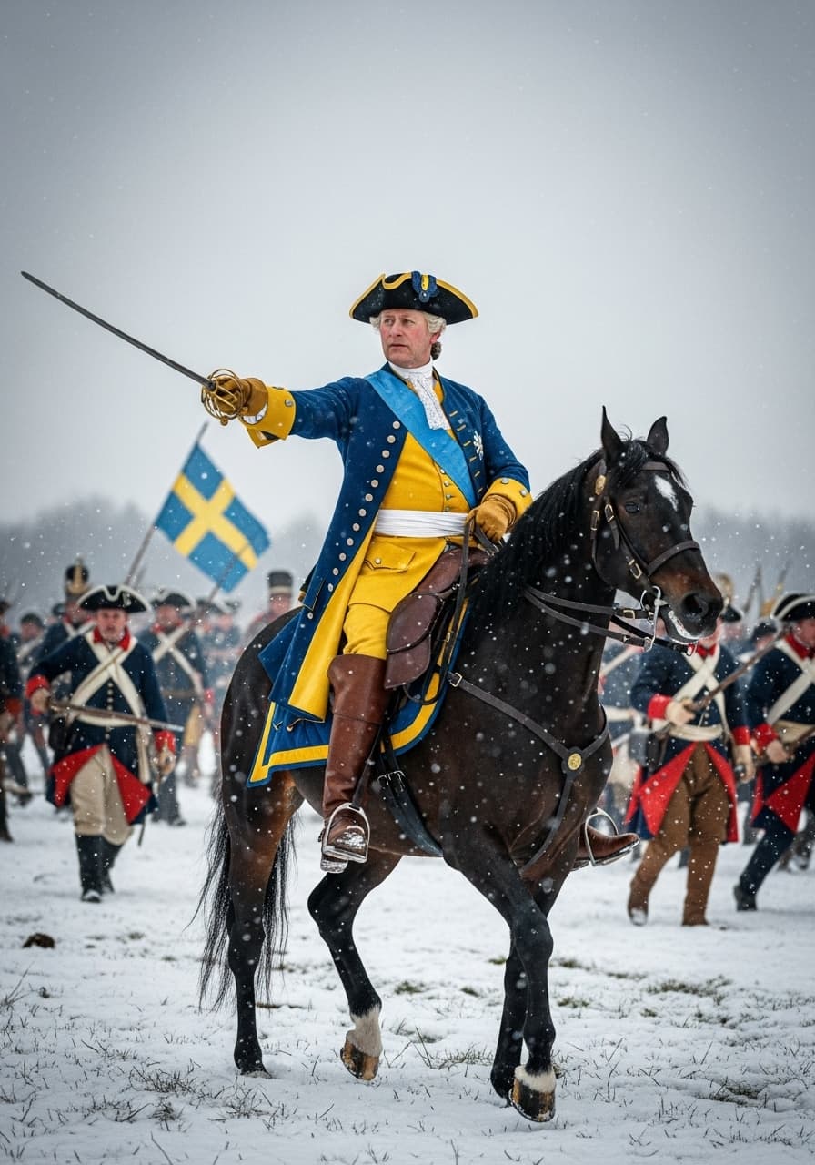 AI generated: King Karl XII of sweden at battle of narwa in 1700 ,winter snow ,swedish blue and yellow battle unif...