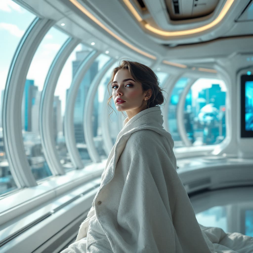AI generated: a middle age caucassian woman posing inside a scifi interior room, sorrounded by windows showing the...