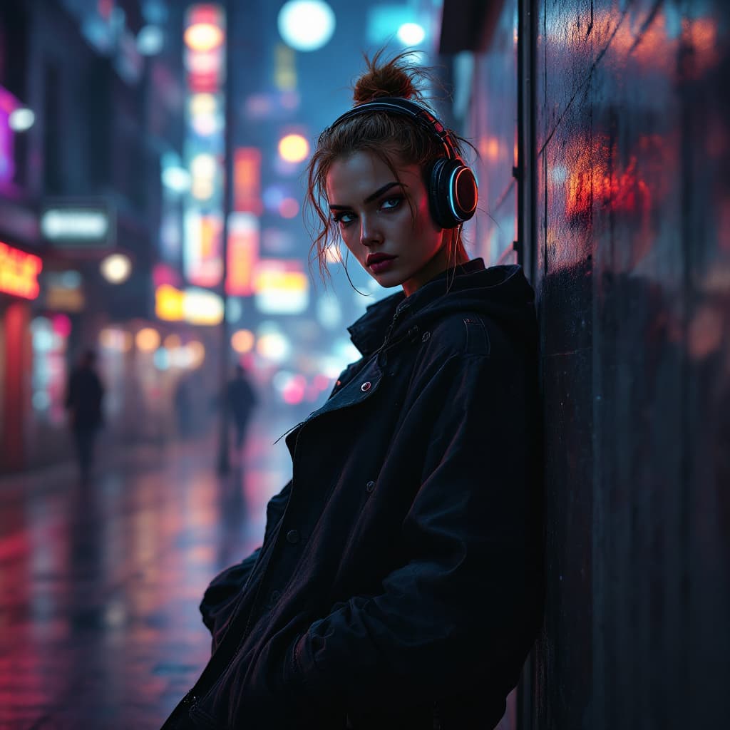 AI generated: (film stock) , (extremely detailed CG unity 8k wallpaper) full body portrait of a cyberpunk woman le...