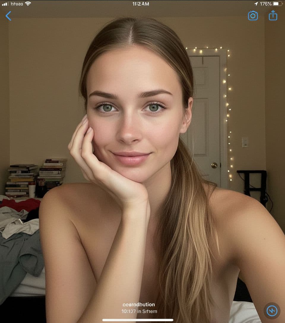 AI generated: Take the face from the input picture. An extremely mediocre iPhone front camera selfie, with no clea...