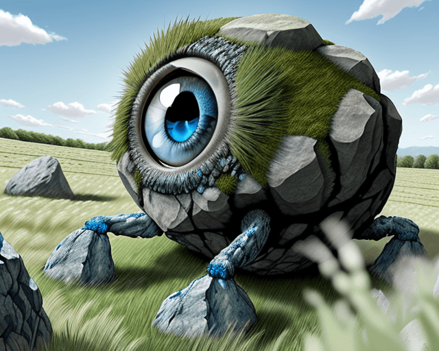 AI generated: living rock monster. one blue eye. rock like lags. runing in a field of grass.