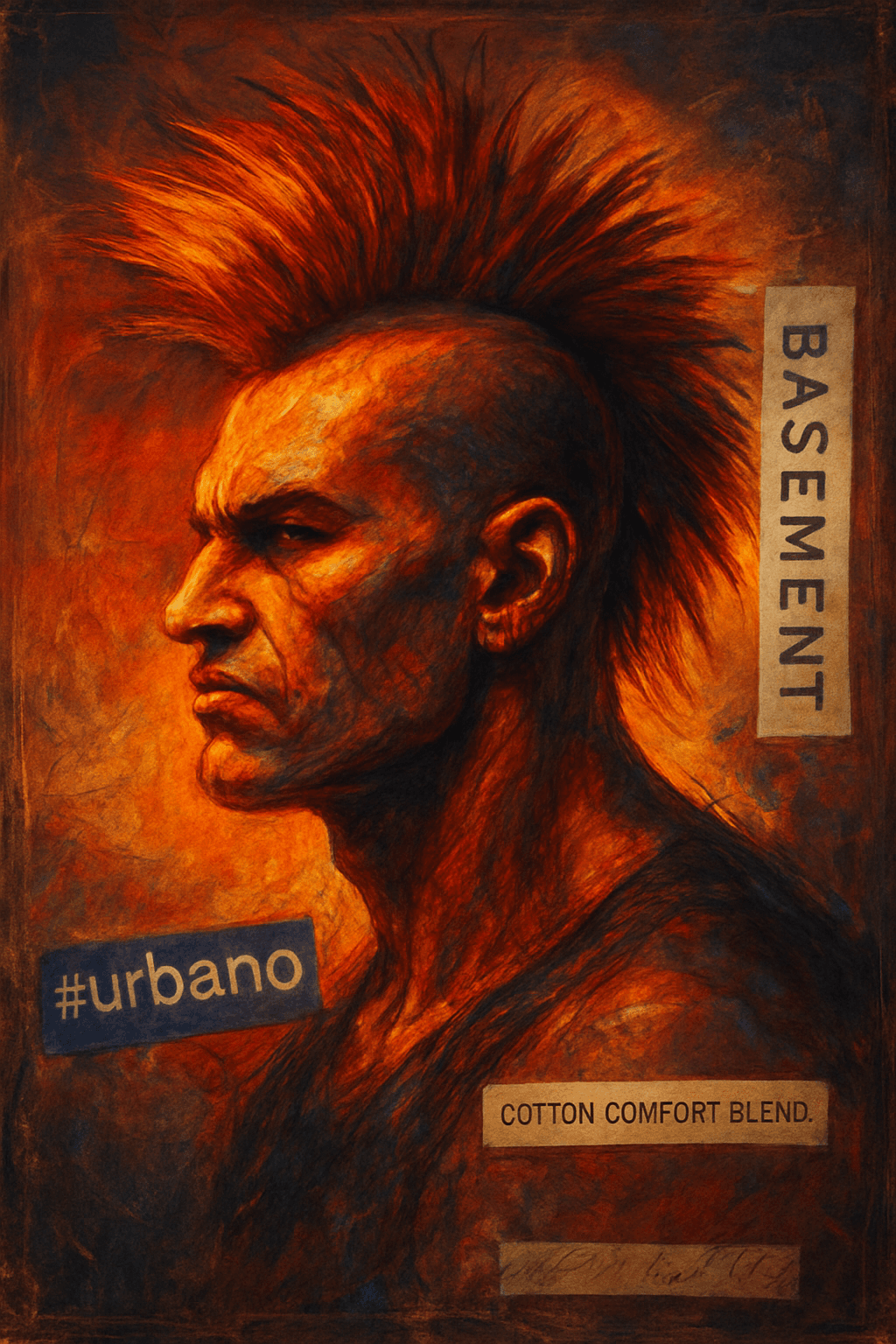 AI generated: A powerful portrait of a rock man in profile, muscular neck and jaw, mohawk hair spiked upward, expr...