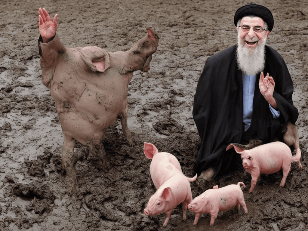 AI generated: portrait of ali khamenei holding a pig and laughing with mud all over his face 