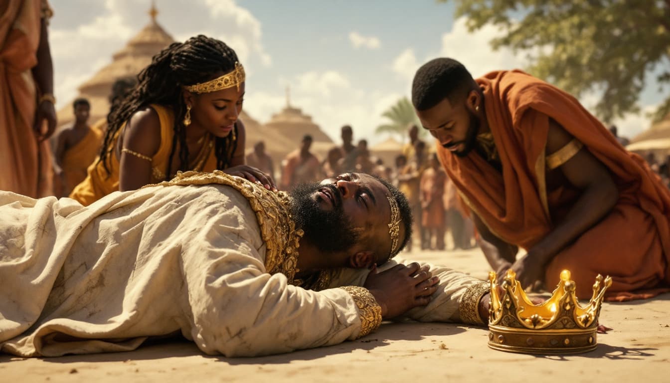 AI generated: - **King Nnamdi**: Lying on the ground, his face pale but peaceful, his crown resting beside him. Hi...