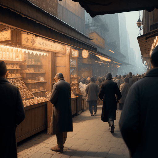 AI generated: A merchant behind his stall, watching a dense crowd passing by. Nobody from the crowd stops walking.