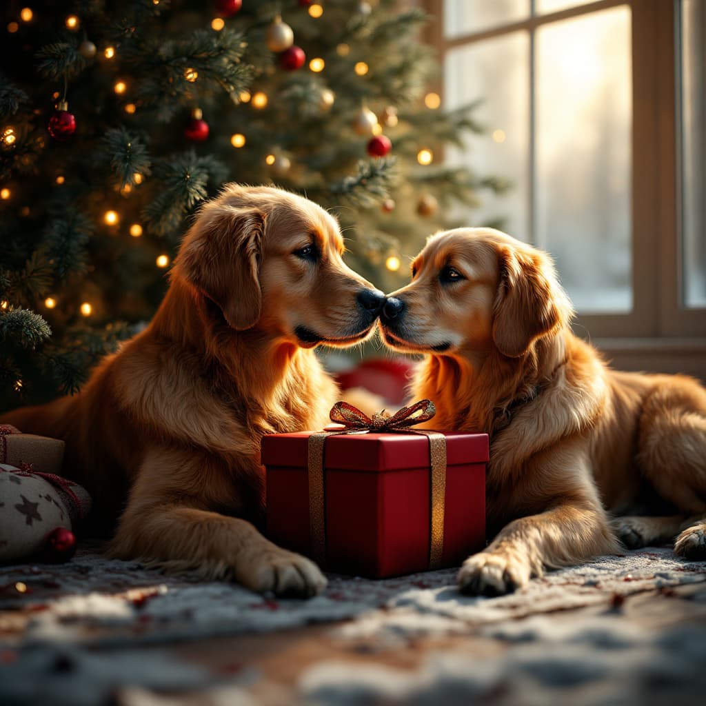 AI generated: Photo of a ultra realistic Golden Retriever friends, christmas gift under a christmas tree, dramatic...
