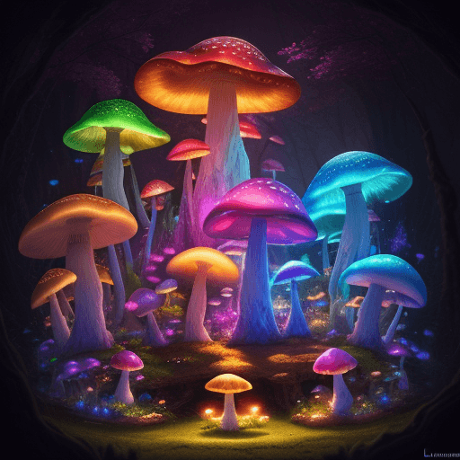 AI generated: High resolution fantasy photography of a lumiessence mushroom landscape, lumiessence colorfull magic...