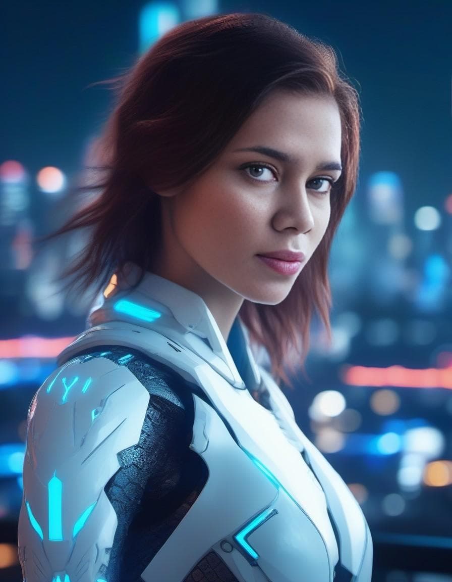 AI generated: A female cyborg demon, neon, tokyo skyline, bokeh,| centered| intricate| highly detailed| breathtaki...