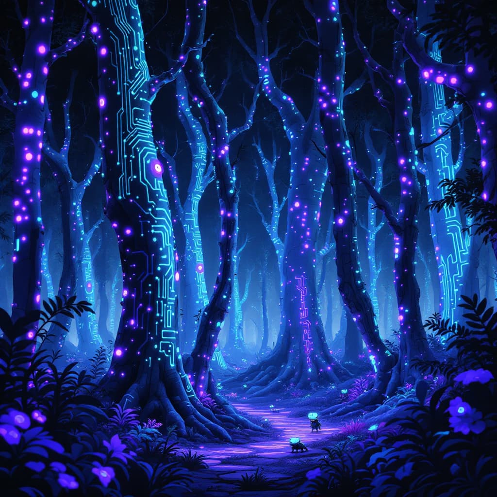 AI generated: A bioluminescent forest where the trees have circuit-like patterns that glow with blue and purple li...
