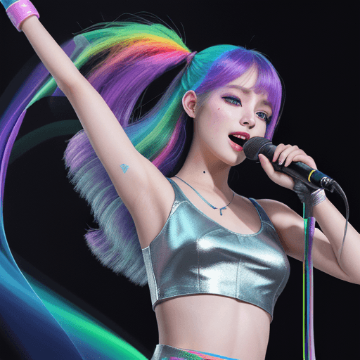 AI generated: Ultra realistic Portrait of An android girl in a singing Pose, micro in her hand, Rockgirl pop style...