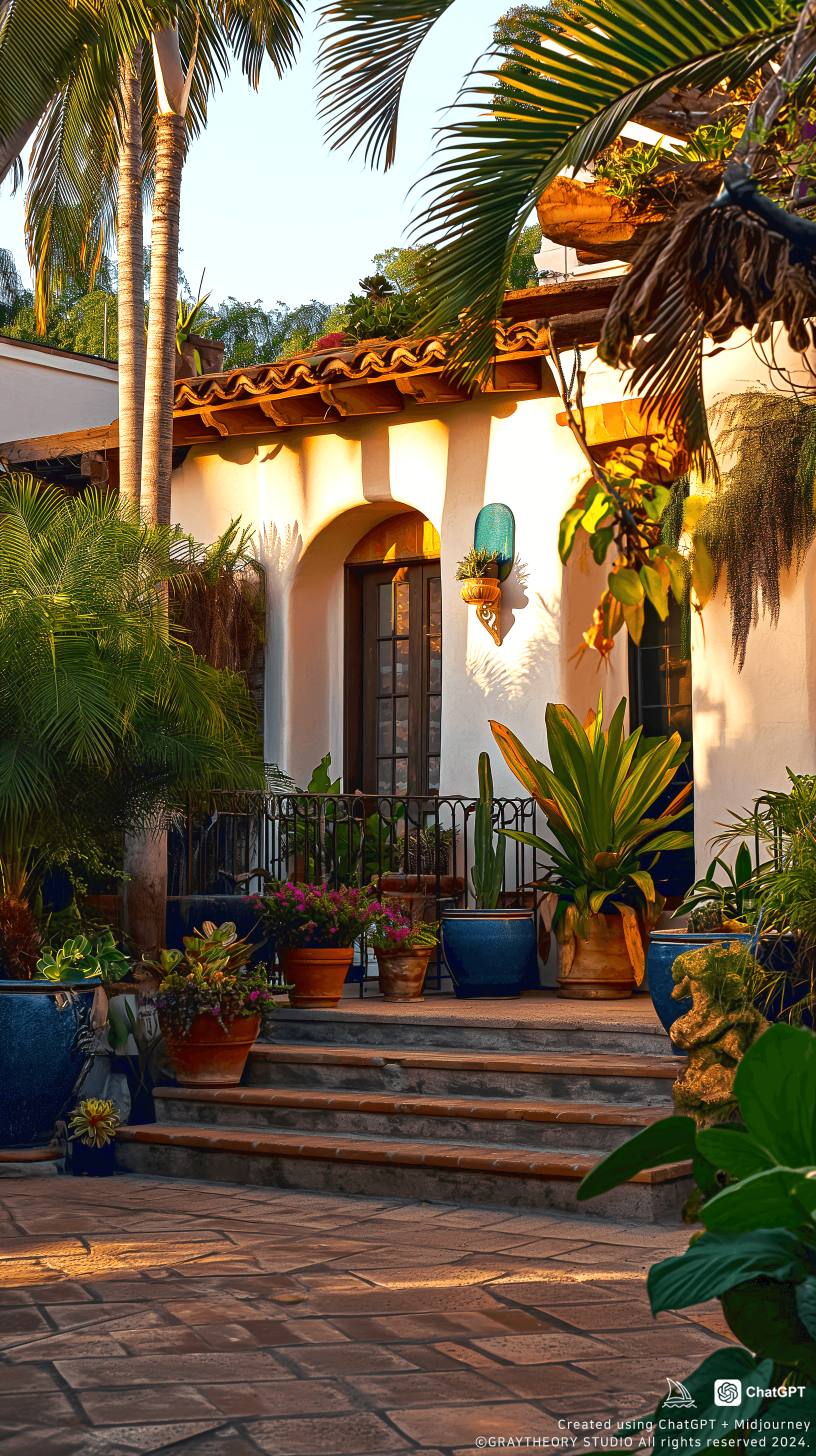 AI generated: front view, Depict a Mediterranean terrace with a Panasonic Lumix S1R, 50mm f/1.4 lens, Use terracot...