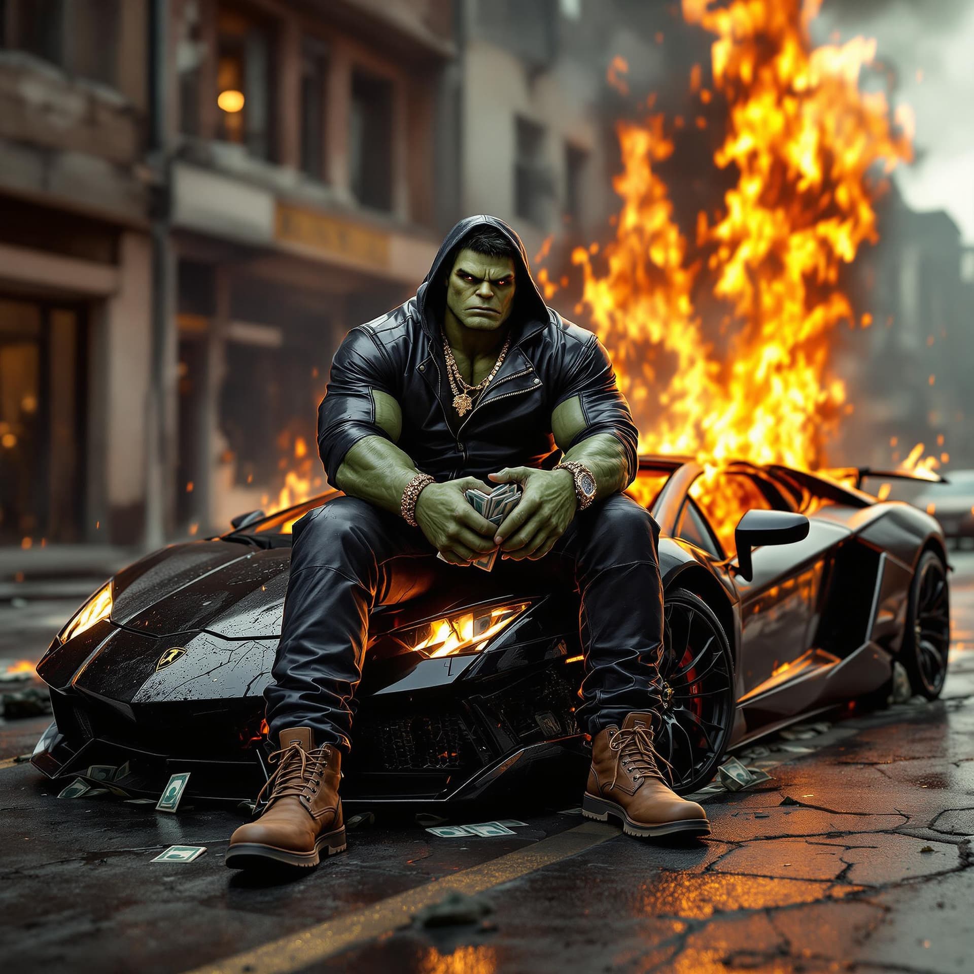 AI generated: the incredible hulk wearing a leather hoodie in hip hop fashion with jewelry and timberland boots. H...
