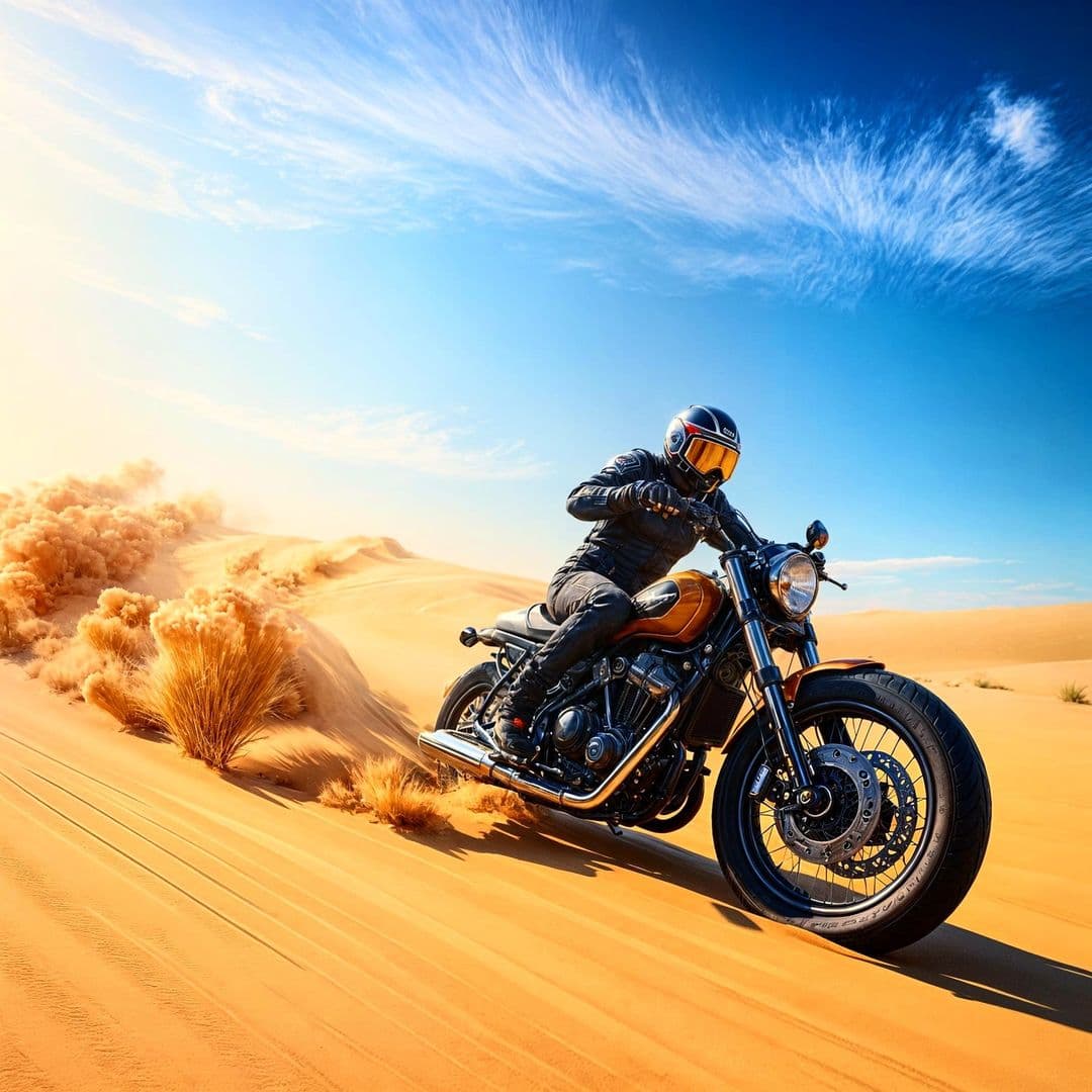 AI generated: A hyper-realistic painting of a lone motorcyclist in black gear flying through a desert, sand and fl...