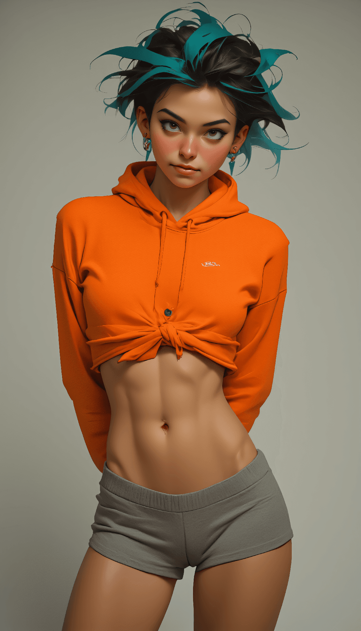 AI generated: Photo of a Mid-twenties woman with teal and black short spiky hair, slim body, very soft ribs, flat ...