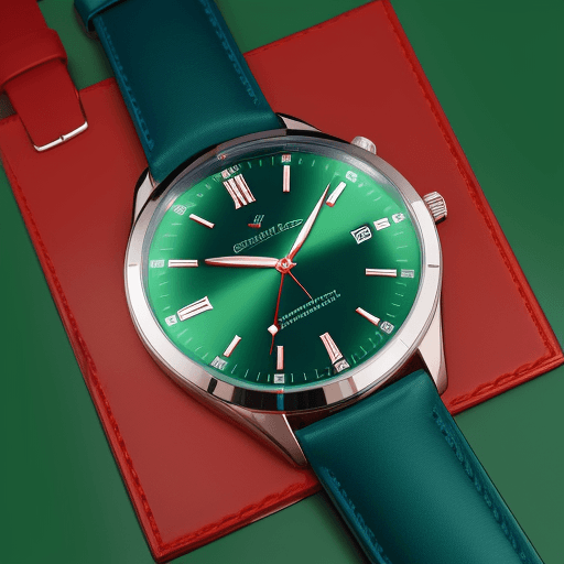 AI generated: Single wristwatch, lying flat from left to right, with a green band, blue bezel, red dial; watch is ...