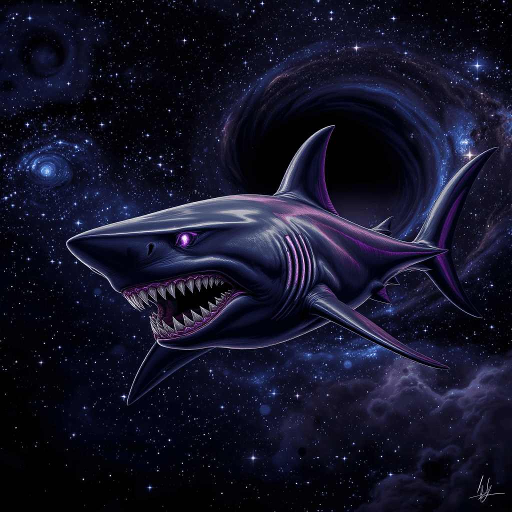 AI generated: Hammerhead shark, gunmetal color with purple accents, aggressive posture, spacefaring, galaxy, sea o...