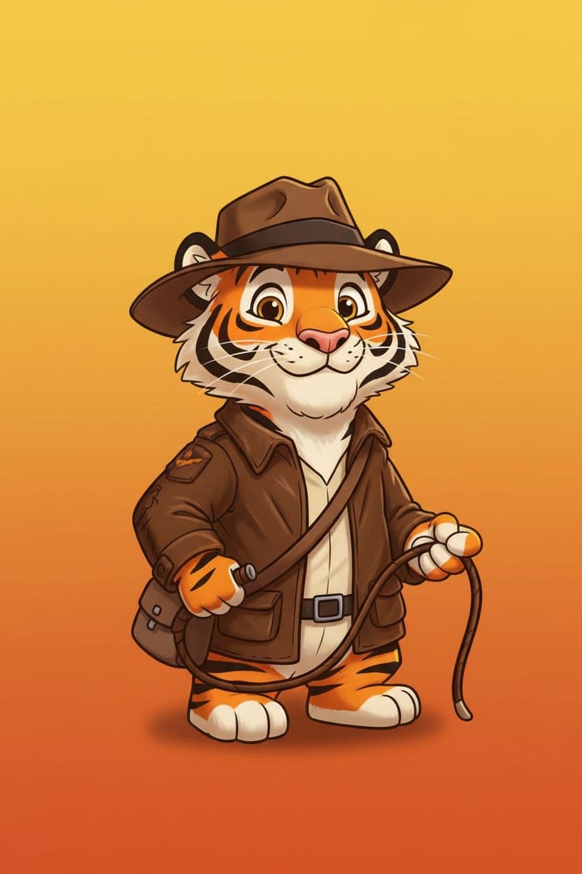 AI generated: Tiger dressed as Indiana Jones, on the yellow- orange background , cartoon illustration style.