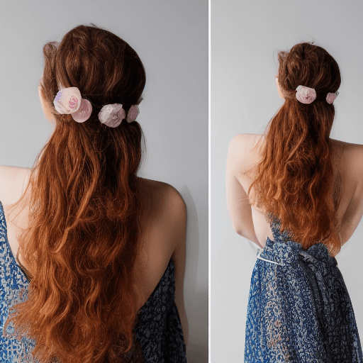 AI generated: Portrait of a beautiful lady, with natural color hair, view from back, Hair accessories, film grain,...
