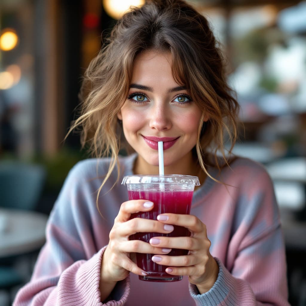 AI generated: A woman sitting outdoors, sipping a drink from a transparent cup with a straw,grape juice, wearing a...