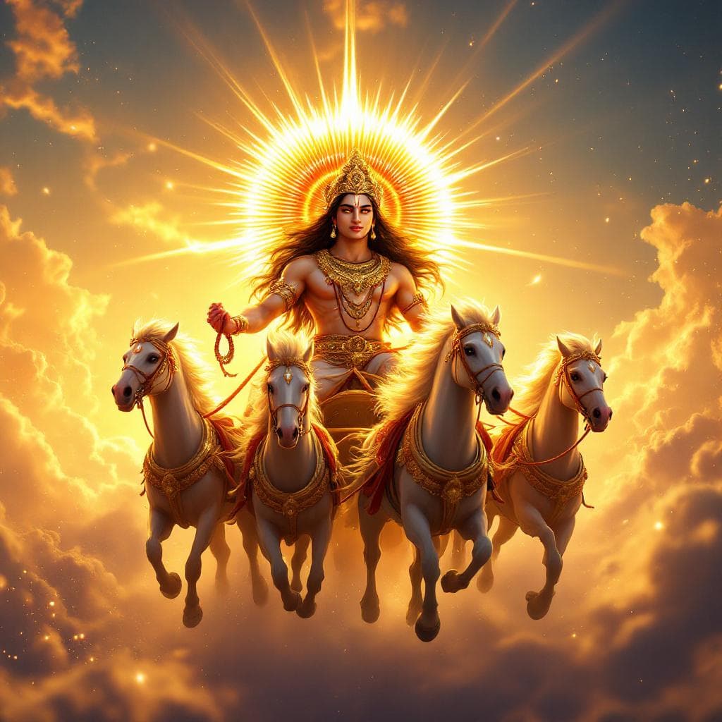 AI generated: Create an ultra-realistic, divine cinematic portrait of Lord Surya, the radiant Sun God, his face is...