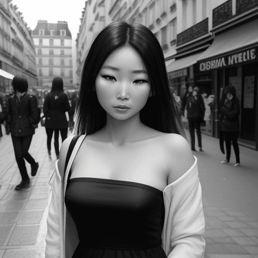 AI generated: ultra-realistic black and white photo of a beautiful Asian woman, shot on a Sony a7III, on the stree...