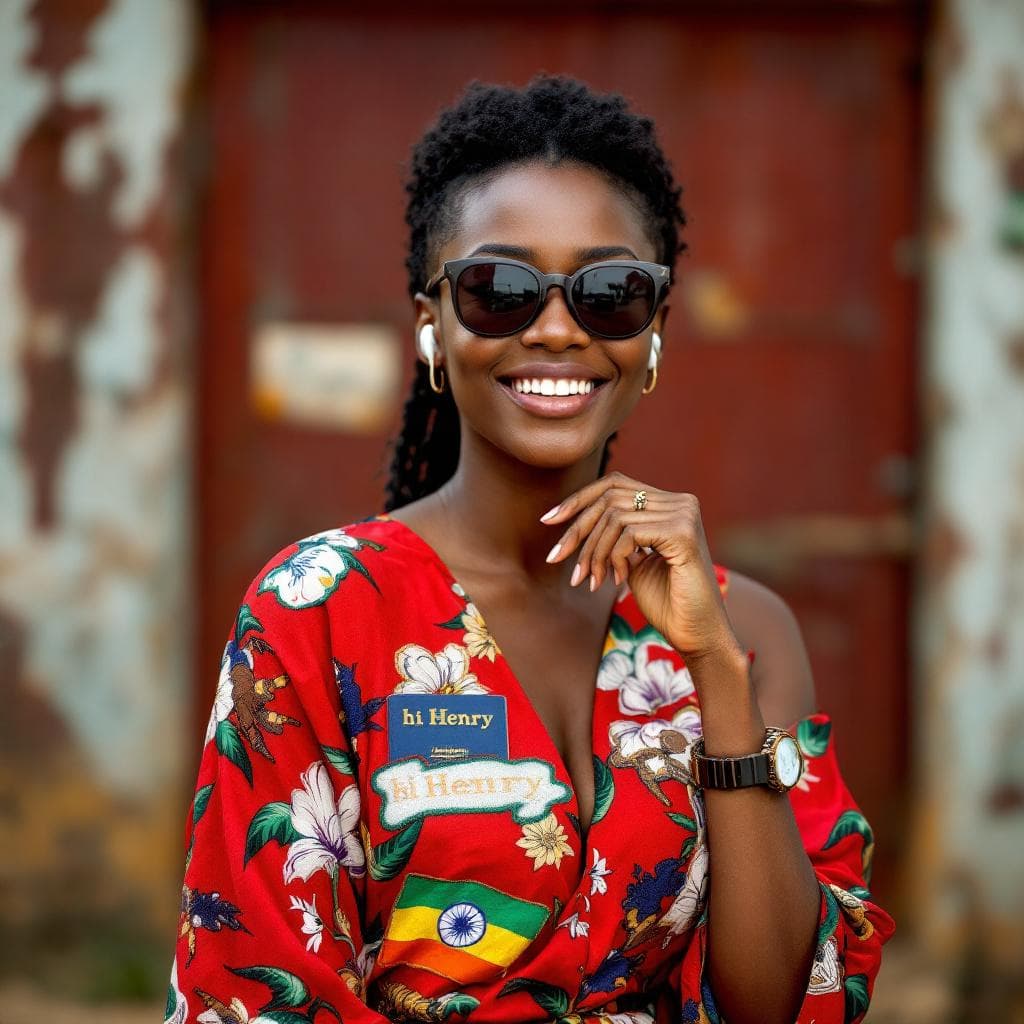 AI generated: -0-A portrait photograph shows a smiling 32-year-old Nigerian woman wearing  sunglasses and a red sl...