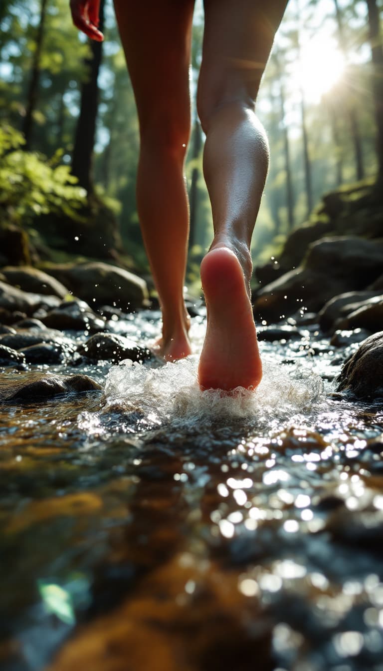 AI generated: close up of a woman's bare feet walking through a rocky stream in a dense forest, sun shining throug...
