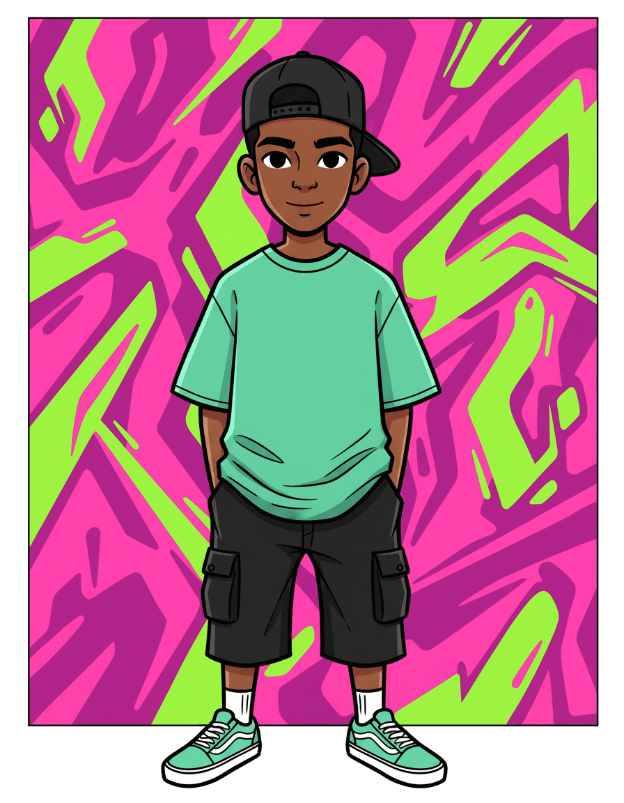 AI generated: creative illustration art, full-body of an man, wearing a mint green color over-fit T-shirt and blac...