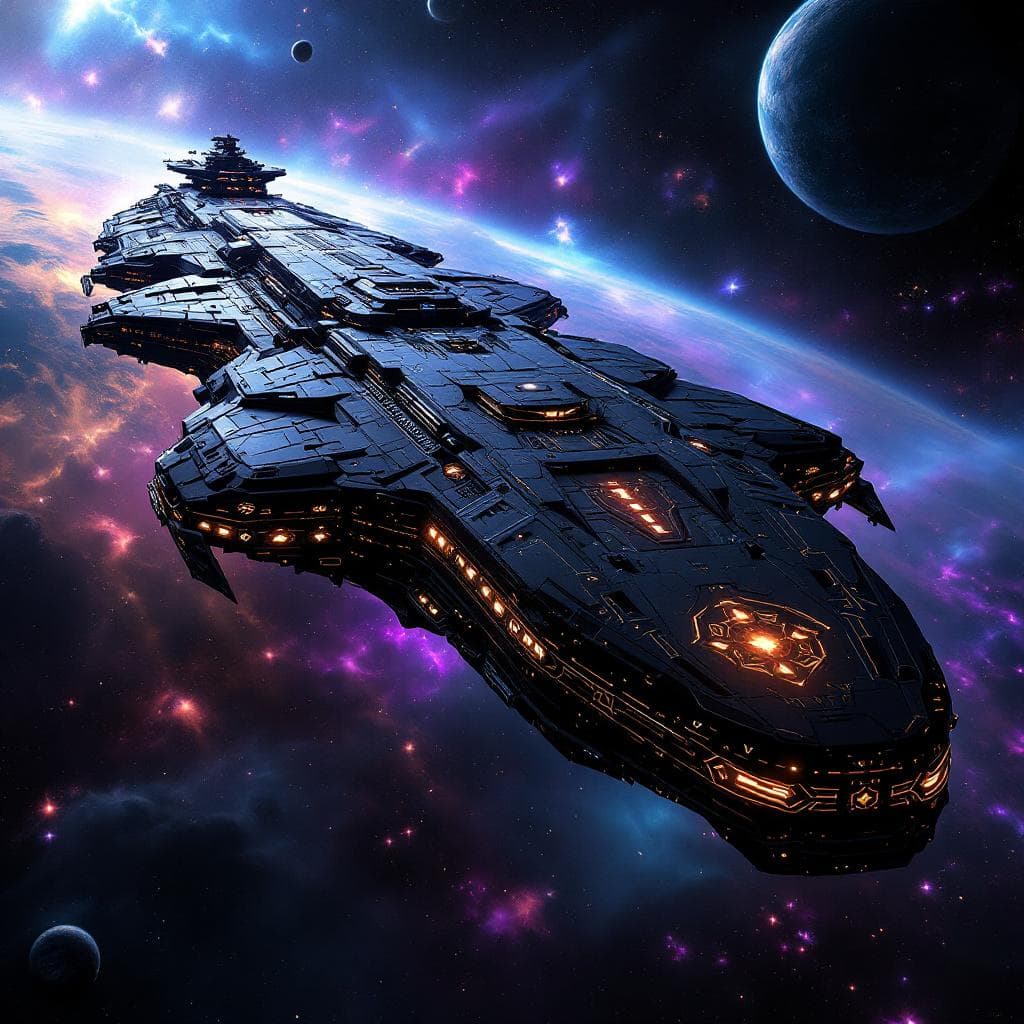 AI generated: Imagine, in detail, an alien spaceship to show a new design. An alien Mega Super Carrier. Show it in...