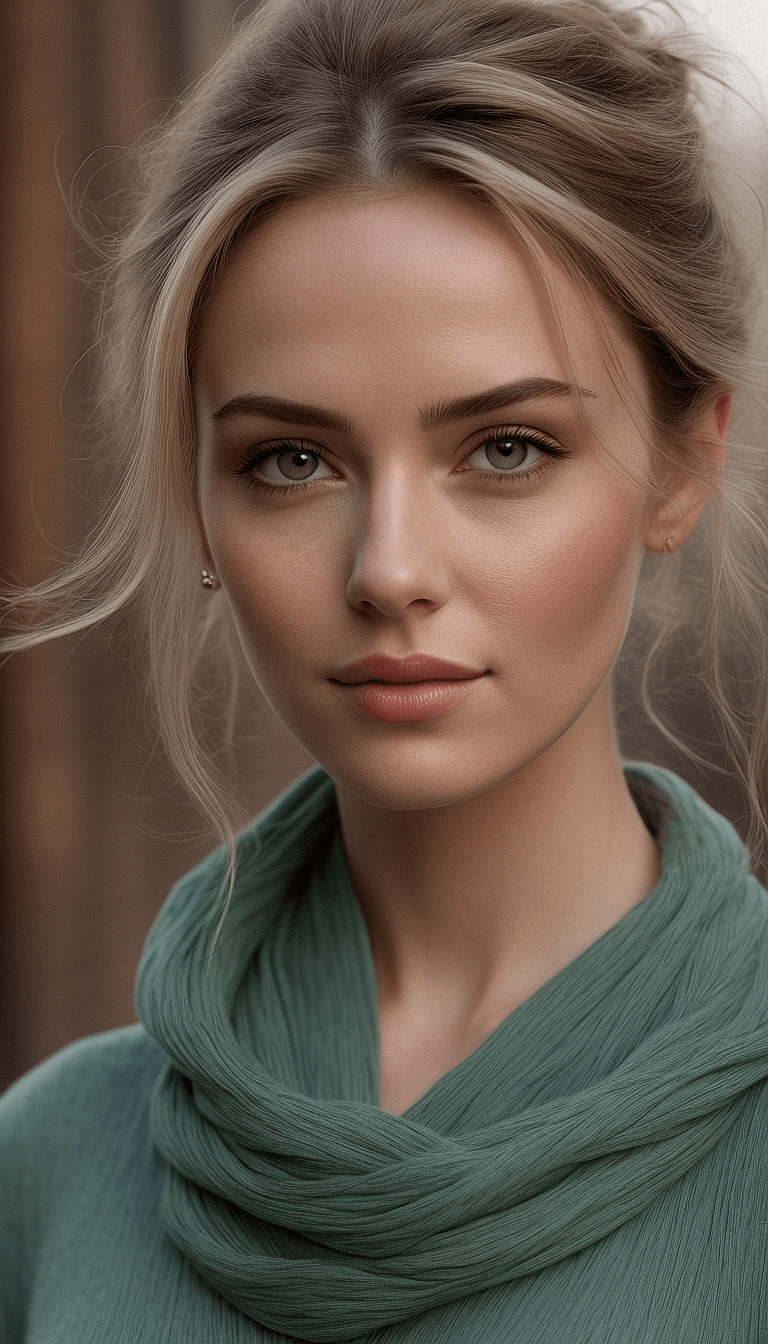 AI generated: A portrait of a woman with light blonde hair in loose waves, framing a face with green eyes that are...