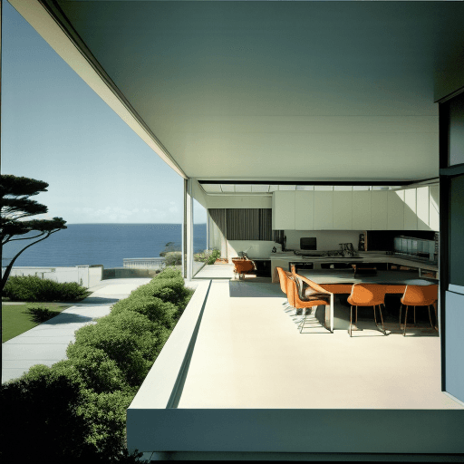 AI generated: Hyper realistic eye level exterior photo of a mid century modern style house overlooking the ocean, ...