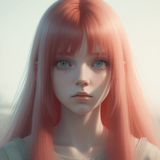 AI generated: acrylic painting of a red hair girl with straight hair and fringe, pastel soft light, pale pastel co...