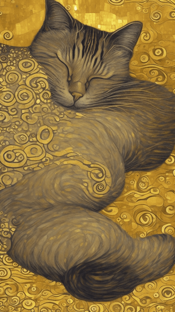 AI generated: a soft and breathtaking detailed painting of a sleeping cat in the style of Gustav Klimt, , shiny go...