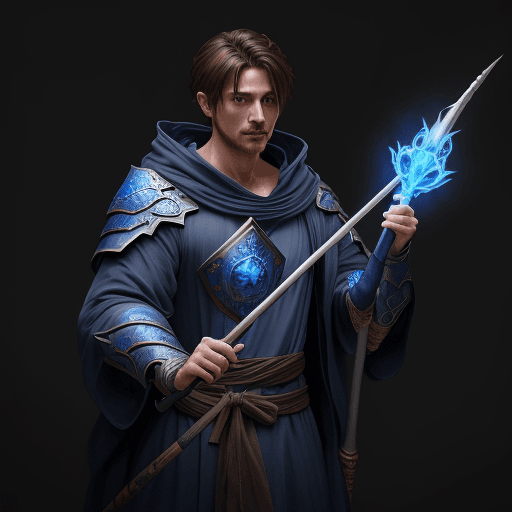 AI generated: a male mage in blue robe, wielding one large staff,  ultra detailed photorealistic, award-winning ma...