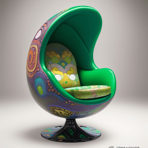 AI generated: product photography, a colorful egg chair with motif Hulk  pattern on it, in the style of esteban vi...