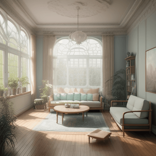 AI generated: High resolution photography interior design, dreamy sunken living room conversation pit, wooden floo...
