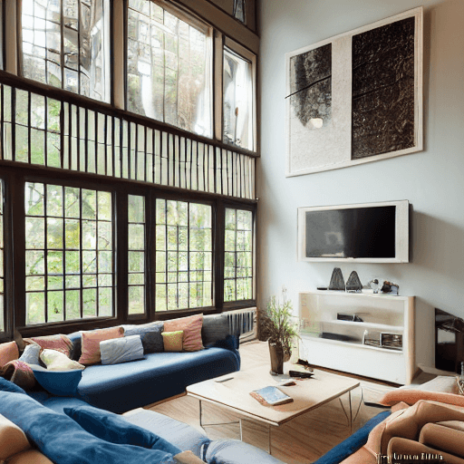 AI generated: high resolution photography interior design, dreamy sunken living room conversation pit, wooden floo...