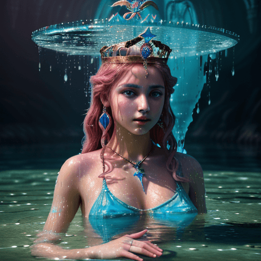 AI generated: High resolution photography, a divine young queen rises from colored water, fantasy, 8k,