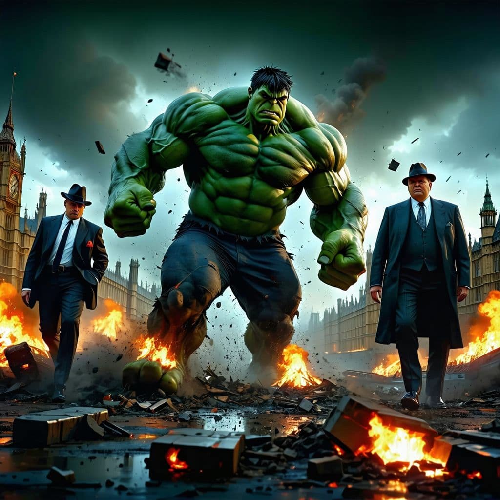 AI generated: london gangsters versus the hulk, hundreds perish, photorealistic