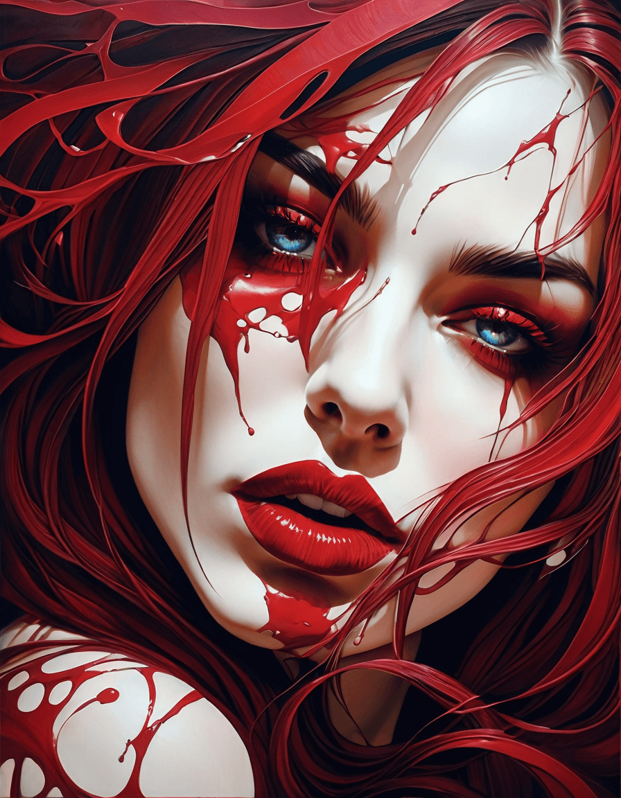 AI generated: 1girl, solo, long hair, looking at viewer, blue eyes, red hair, parted lips, lips, eyelashes, blood,...