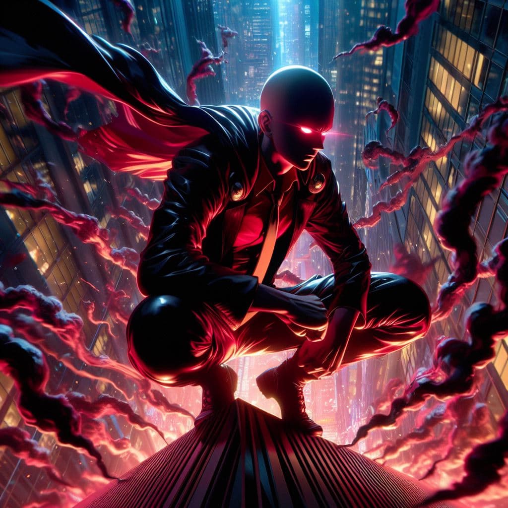 AI generated: high ground angle shot, a character looking like One Punch Man standing on top of a skyscrapper, neo...