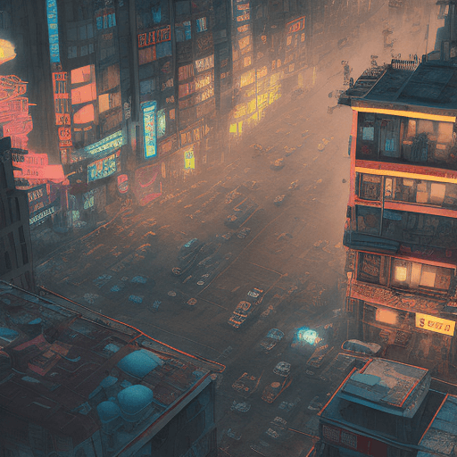 AI generated: ((best quality, masterpiece, RAW photo, digital drawing, cyberpunk style )), high angle shot from ab...